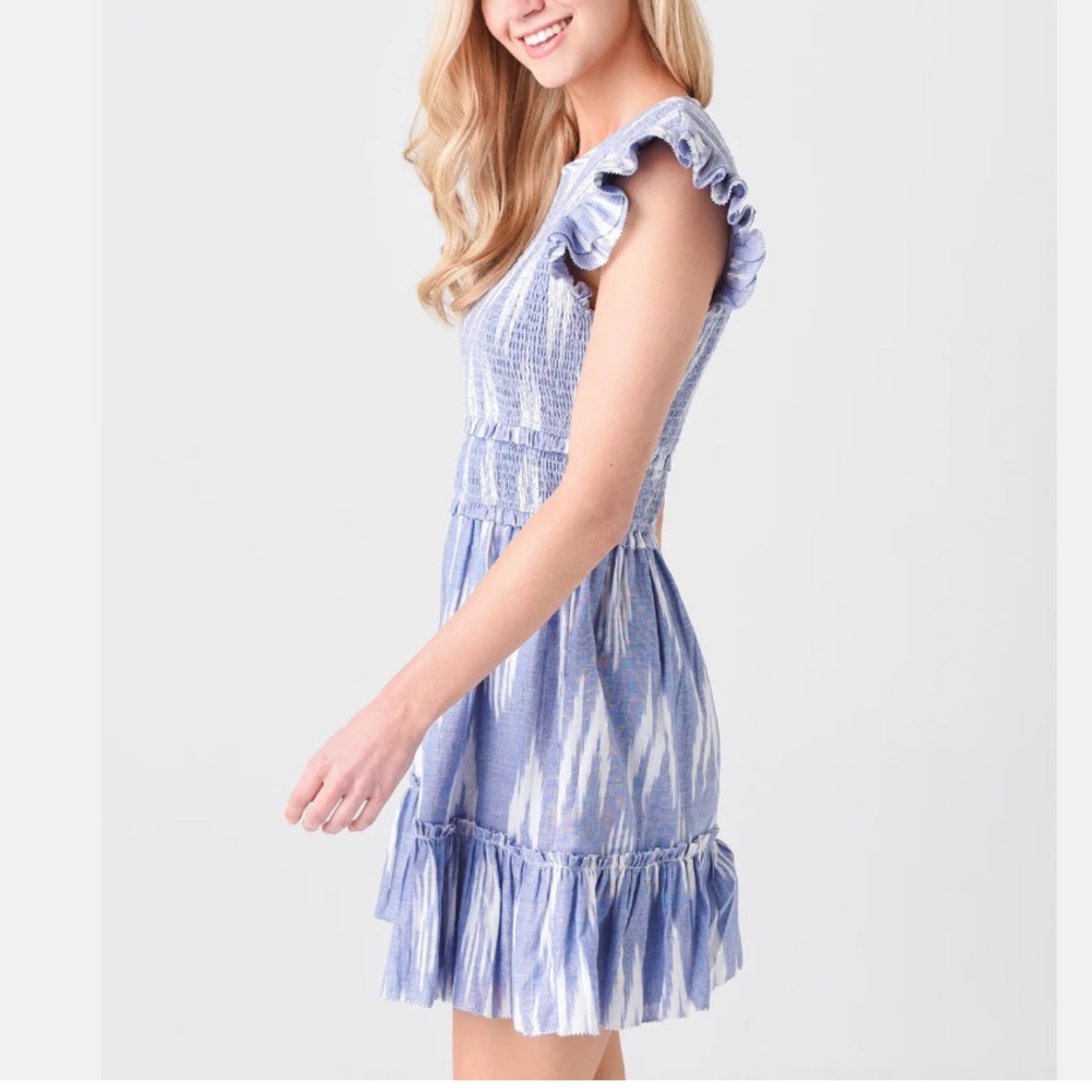 SAYLOR Zinnia Indigo Blue Ruffle Ikat Mini Dress NWOT - Picture 3 of 12